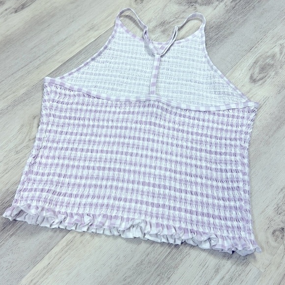 Lavender & White Gingham Print Ruffled Hem High-Neck Racerback Smocked Gauze Top - Picture 4 of 10